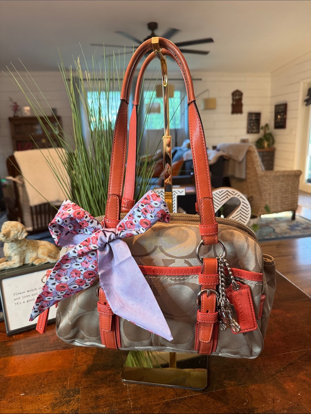 Coach Brown Signature Satchel with Coral Trim and Floral Bow